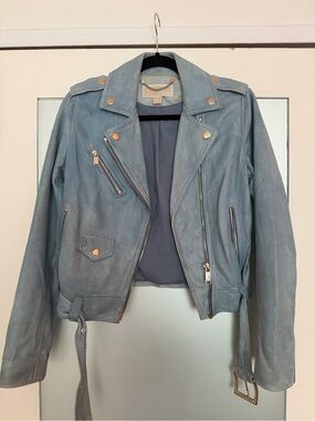 Genuine Leather Michael Kors Baby Blue Leather Moto Jacket